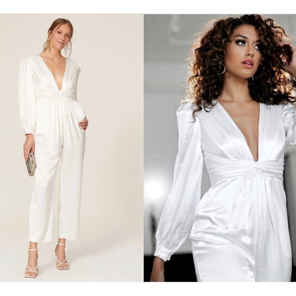 MAC DUGGAL Plunge Neck Long Sleeve Satin Jumpsuit in White Size US 2